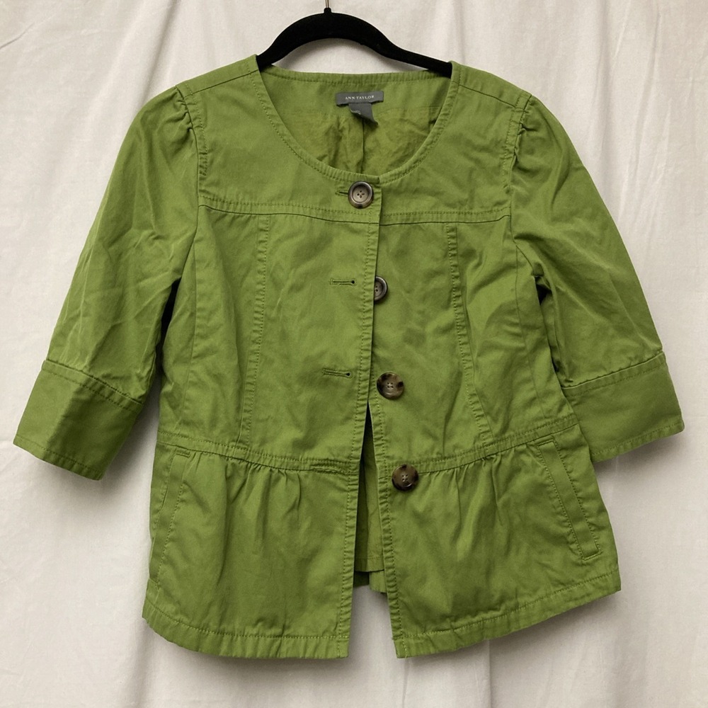 Ann Taylor Women's Green Three Button 3/4 Sleeve Tie Back Jacket - SZ M